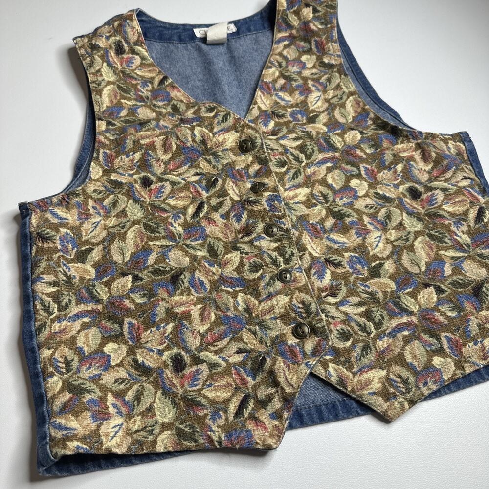 Vintage Cherokee Womans Denim VestAutumn Leaves Buttons USA Made Size Medium 90s - Picture 3 of 6